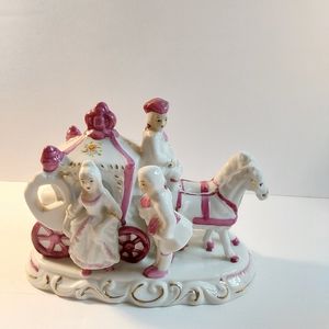 Vintage Porcelain Figurine with white and pink carriage with Horseman and Couple